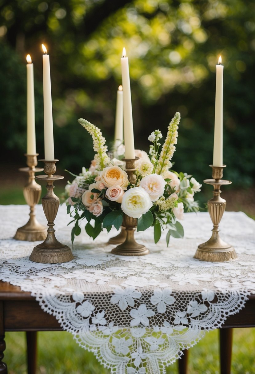 A lace tablecloth adorned with antique candlesticks and floral centerpieces set on a vintage wooden table