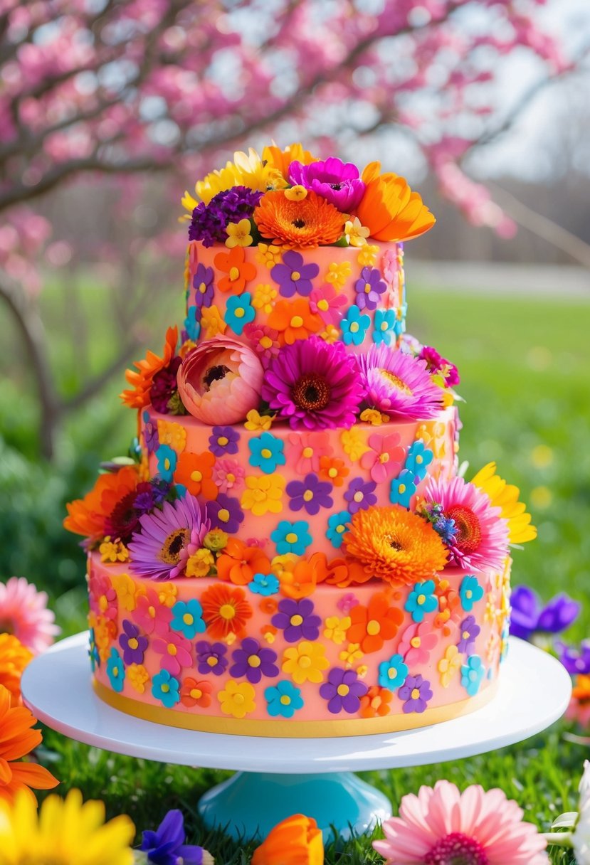 A tiered floral cake with vibrant, bold colors, adorned with a variety of multicolored flowers, set against a springtime backdrop