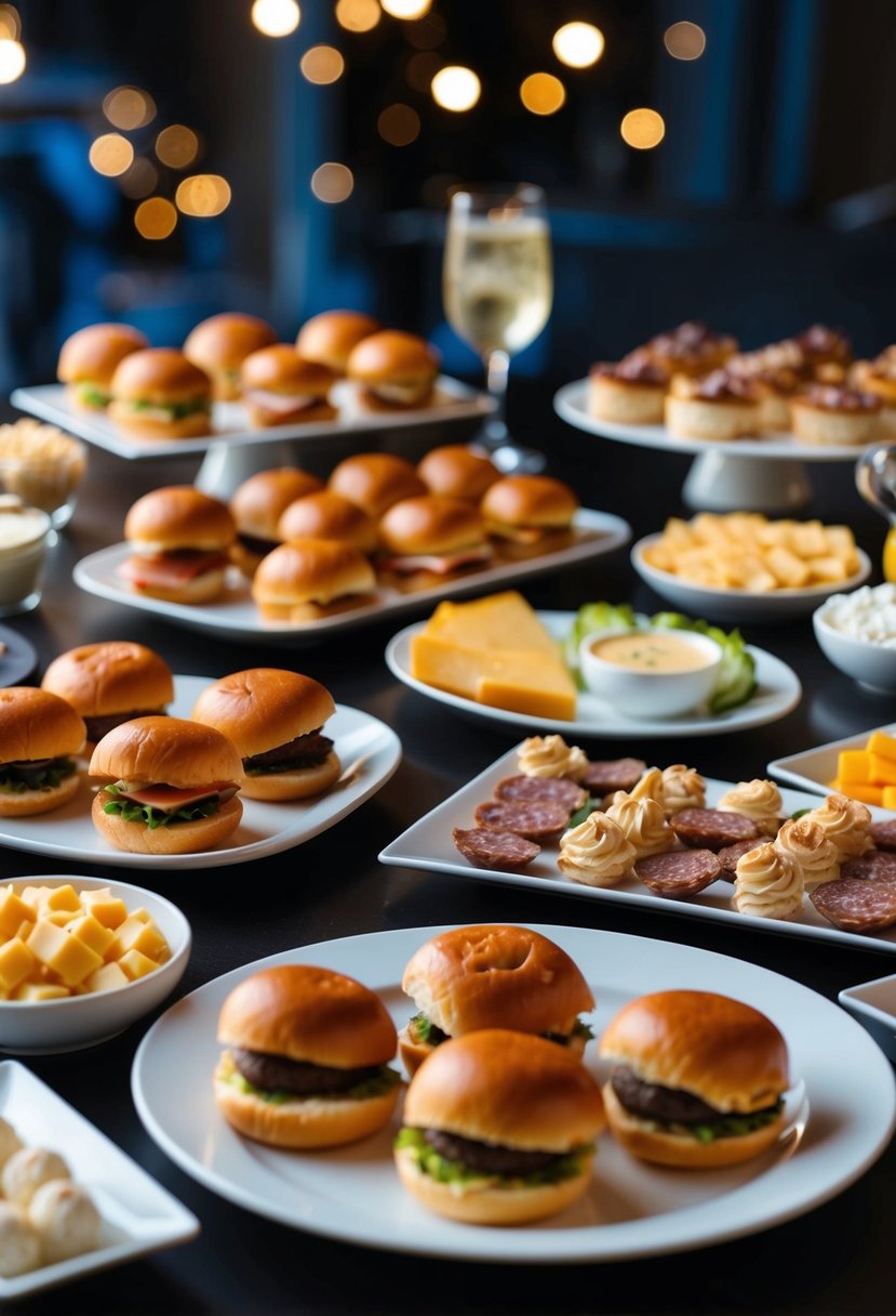 A table spread with a variety of late-night snacks, including mini sliders, cheese and charcuterie platters, and bite-sized desserts