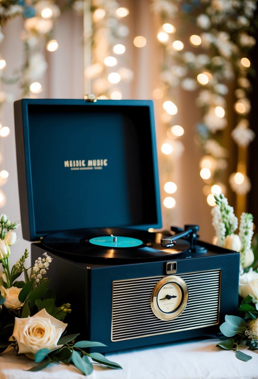 A vintage record player spins 40s music, surrounded by antique wedding decor and floral arrangements