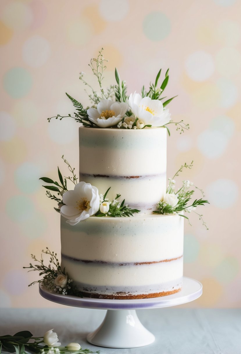 A two-tiered cake adorned with delicate spring flowers and greenery, set against a soft pastel background