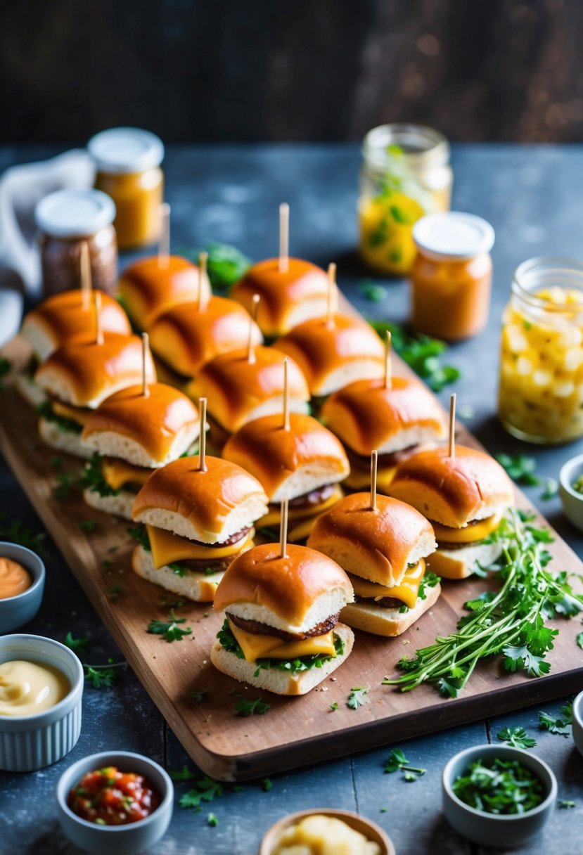 A platter of mini sliders arranged on a rustic wooden board, surrounded by small jars of assorted condiments and a scattering of fresh herbs