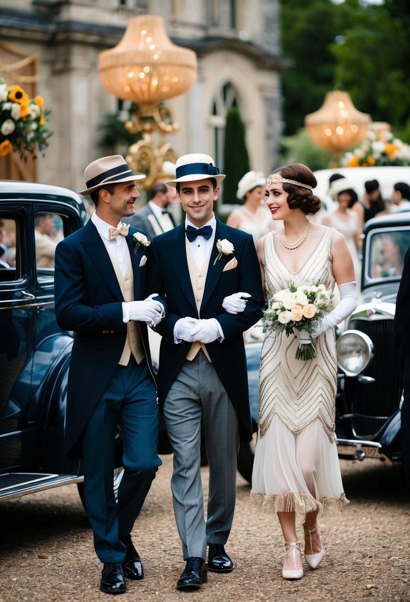 A vintage wedding scene with guests in 1920s attire, flapper dresses, suits, and bowties, surrounded by antique decor and classic cars