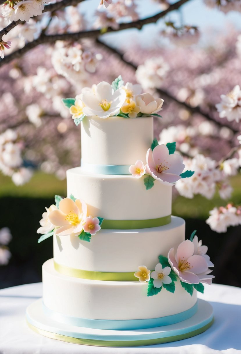 A three-tiered spring wedding cake adorned with delicate sugar flowers in pastel colors, set against a backdrop of blooming cherry blossoms