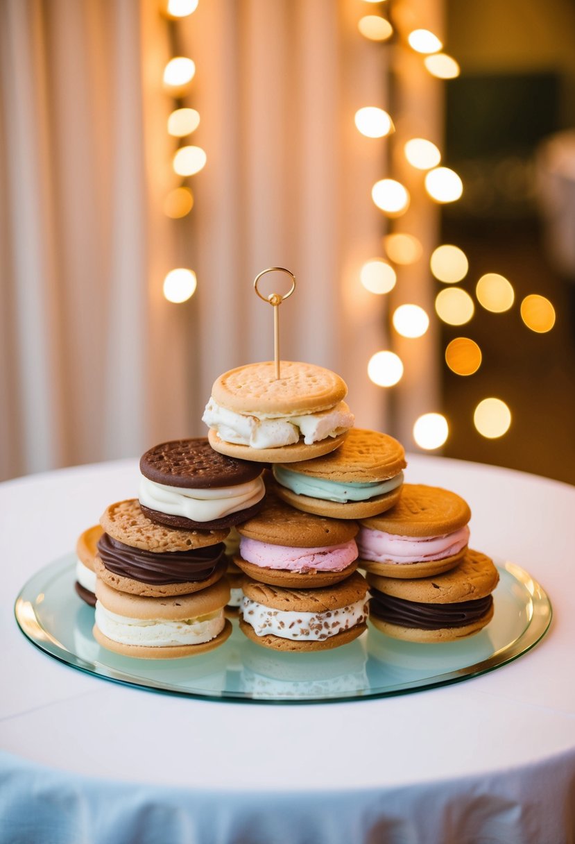 A table with a variety of ice cream sandwiches displayed under soft, warm wedding lights