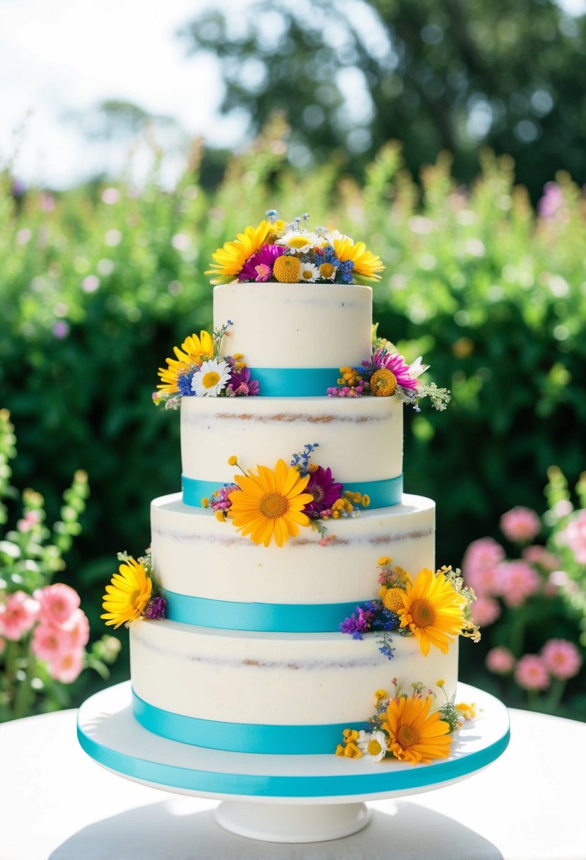 A three-tiered cake adorned with colorful wildflowers, set against a backdrop of lush greenery and blooming flowers