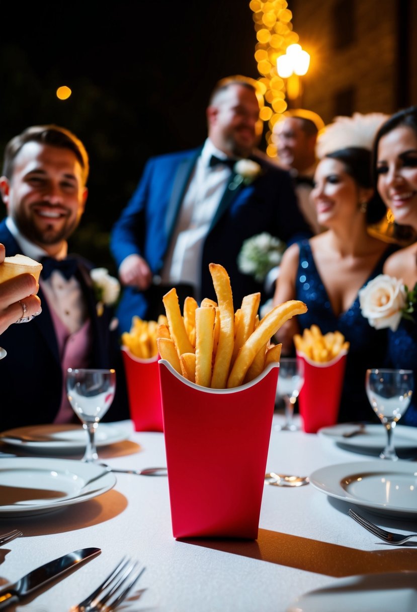 A table with French fry cups, surrounded by wedding guests at night