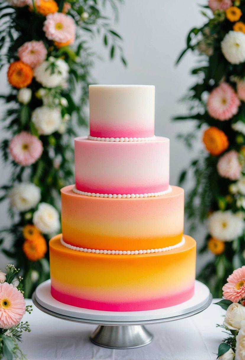 A three-tier wedding cake with a colorful ombre design, transitioning from pastel pink to vibrant orange, set against a backdrop of fresh flowers and greenery