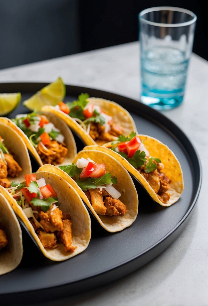 A platter of mini chicken tacos arranged with colorful garnishes on a sleek, modern serving tray