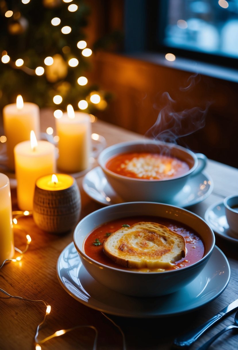 A cozy, candlelit table with a steaming bowl of tomato soup and a gooey grilled cheese sandwich, surrounded by twinkling fairy lights