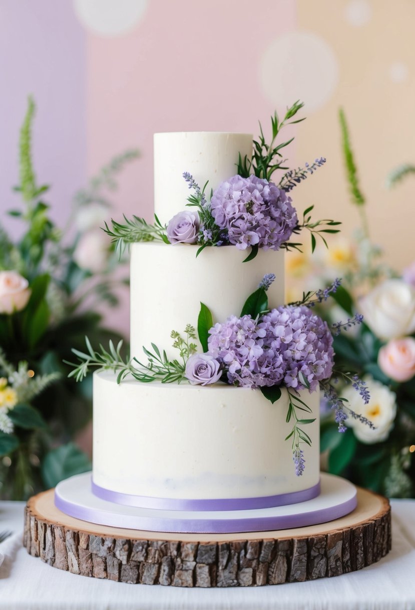 A three-tiered cake adorned with delicate lavender flowers and greenery, set against a backdrop of soft pastel colors and natural light