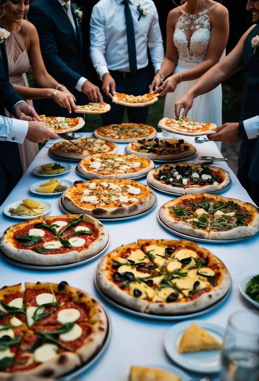 A table with various personal pizzas and toppings, surrounded by wedding guests grabbing slices for a late-night snack