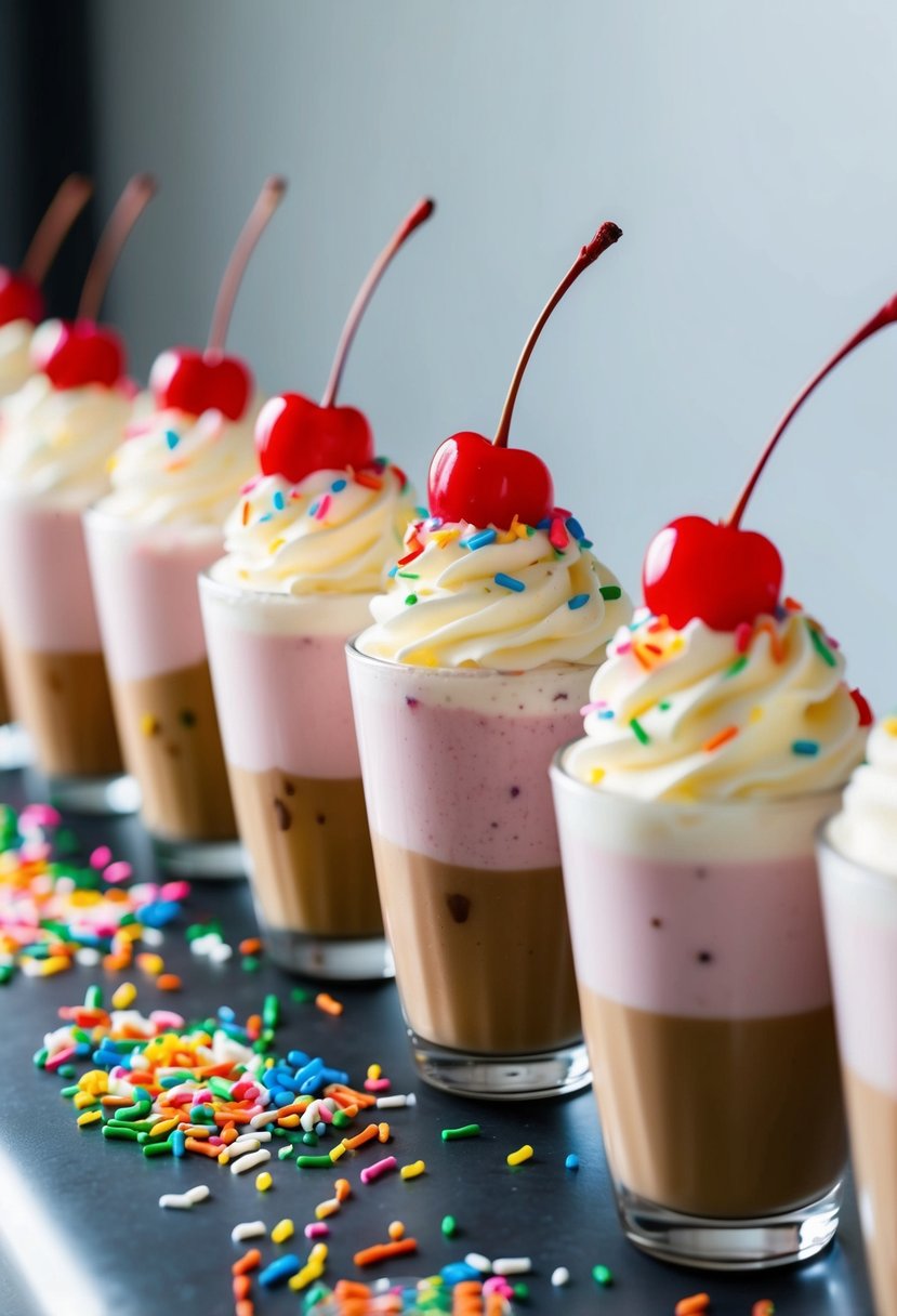 A row of mini milkshake shots lined up on a table, adorned with colorful sprinkles and topped with whipped cream and a cherry