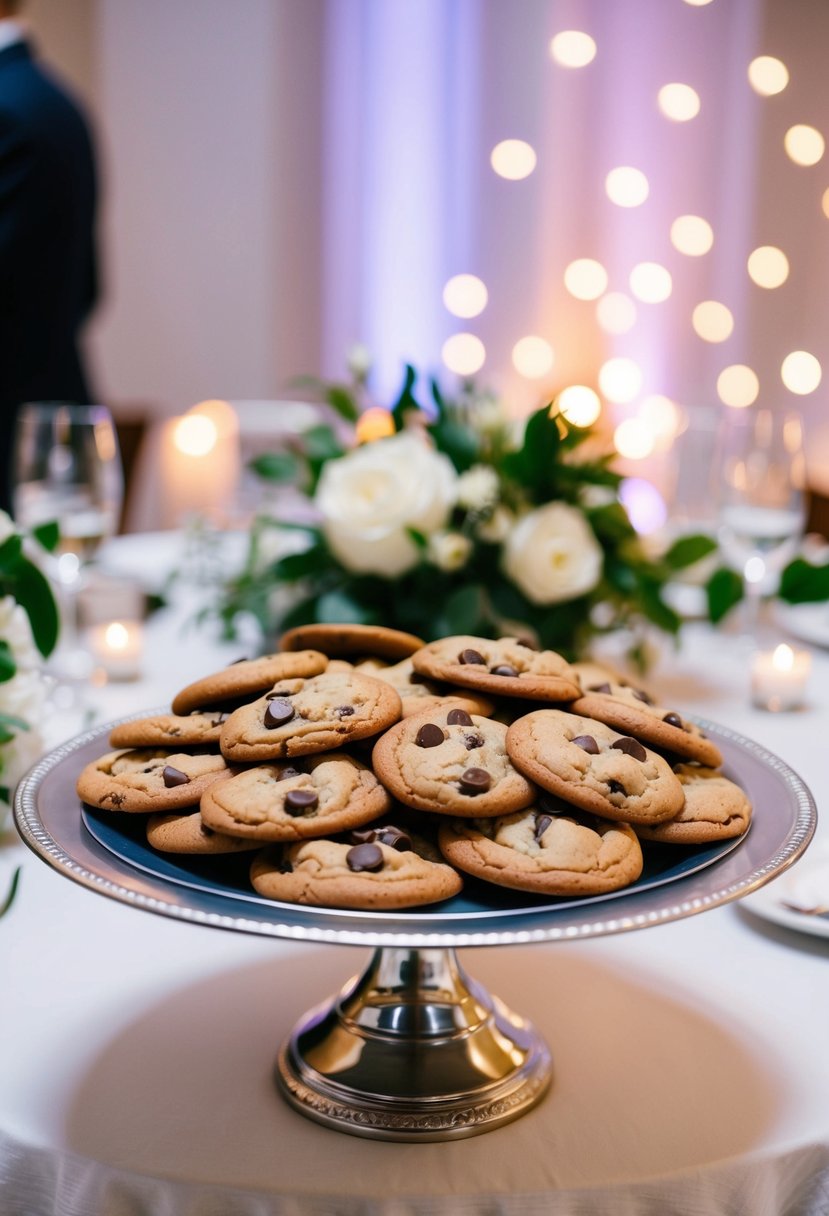 A platter of warm chocolate chip cookies on a table at a wedding reception, with soft lighting and elegant decor in the background