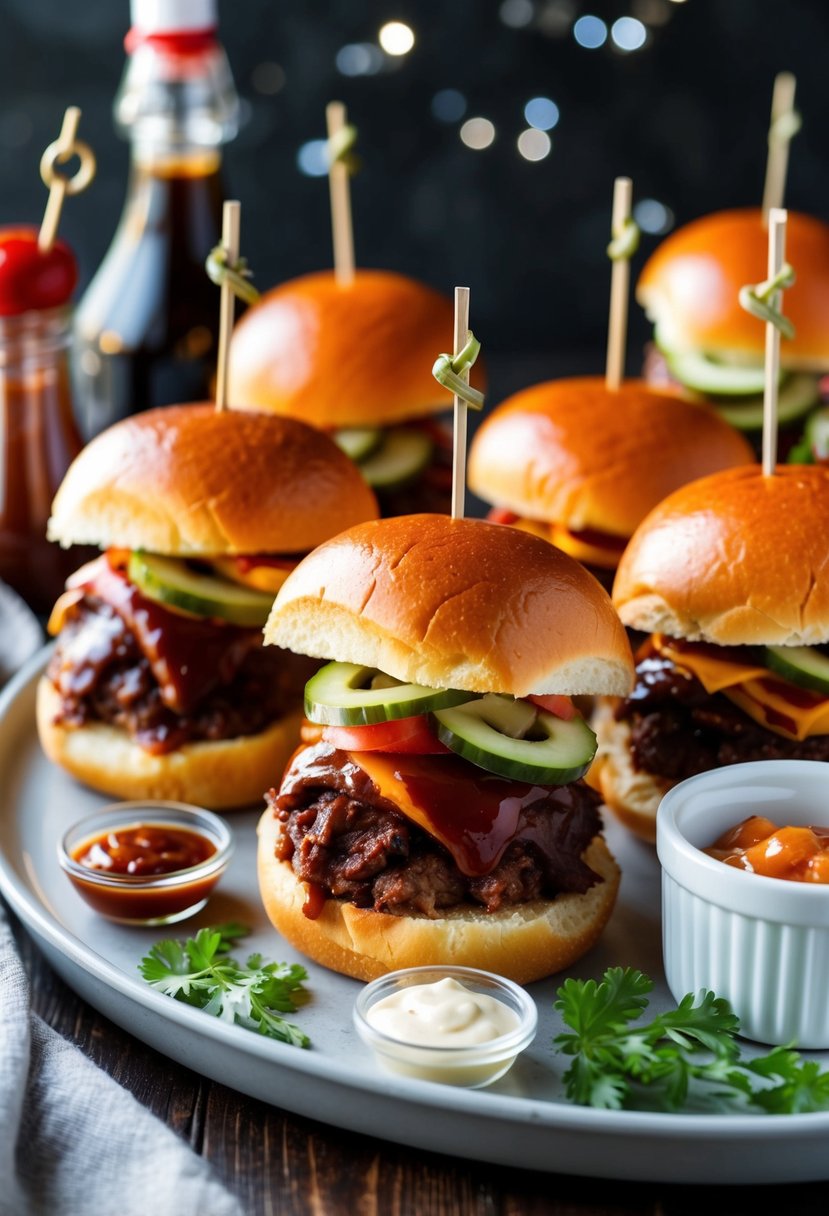 A platter of barbecue sliders arranged with garnishes and condiments