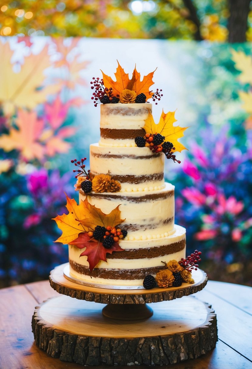 A rustic wedding cake adorned with autumn leaves, berries, and flowers sits on a wooden table with a backdrop of colorful foliage