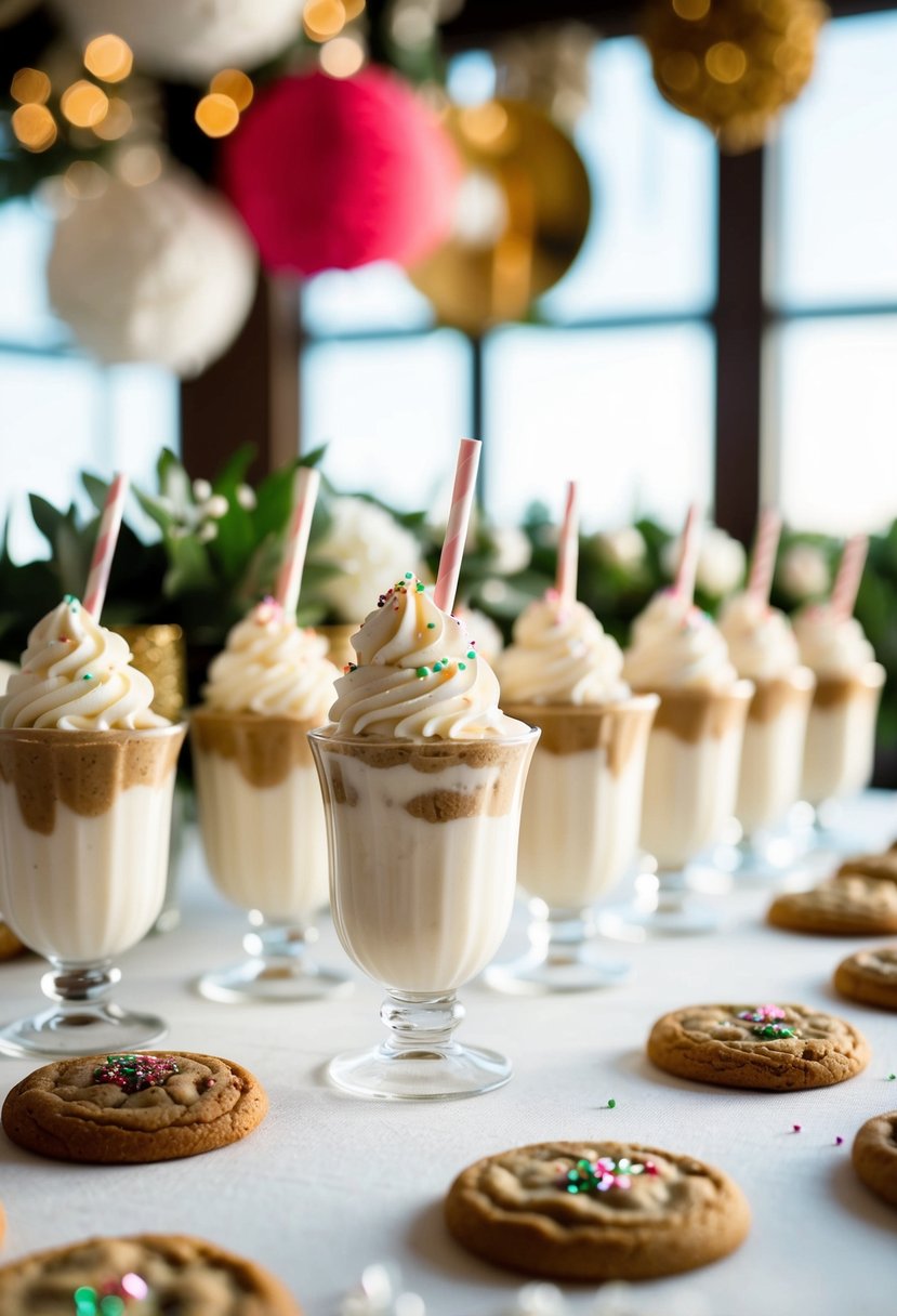 Mini cookie milkshakes lined up on a table, surrounded by festive wedding decor