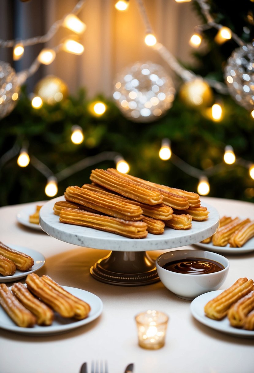 A table with a platter of golden churros and a bowl of rich chocolate sauce, surrounded by twinkling lights and festive wedding decor