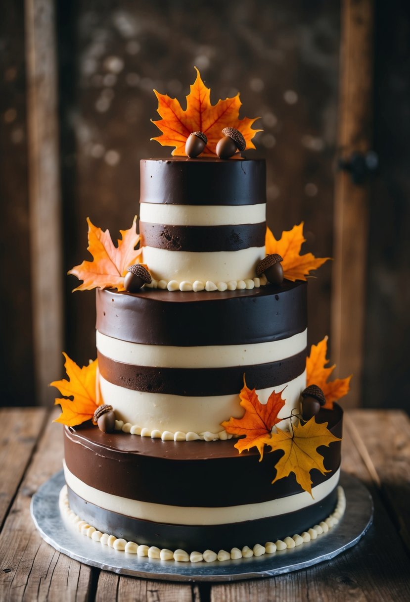 A three-tiered wedding cake with dark chocolate and orange ganache, adorned with autumn leaves and acorns, set against a rustic backdrop