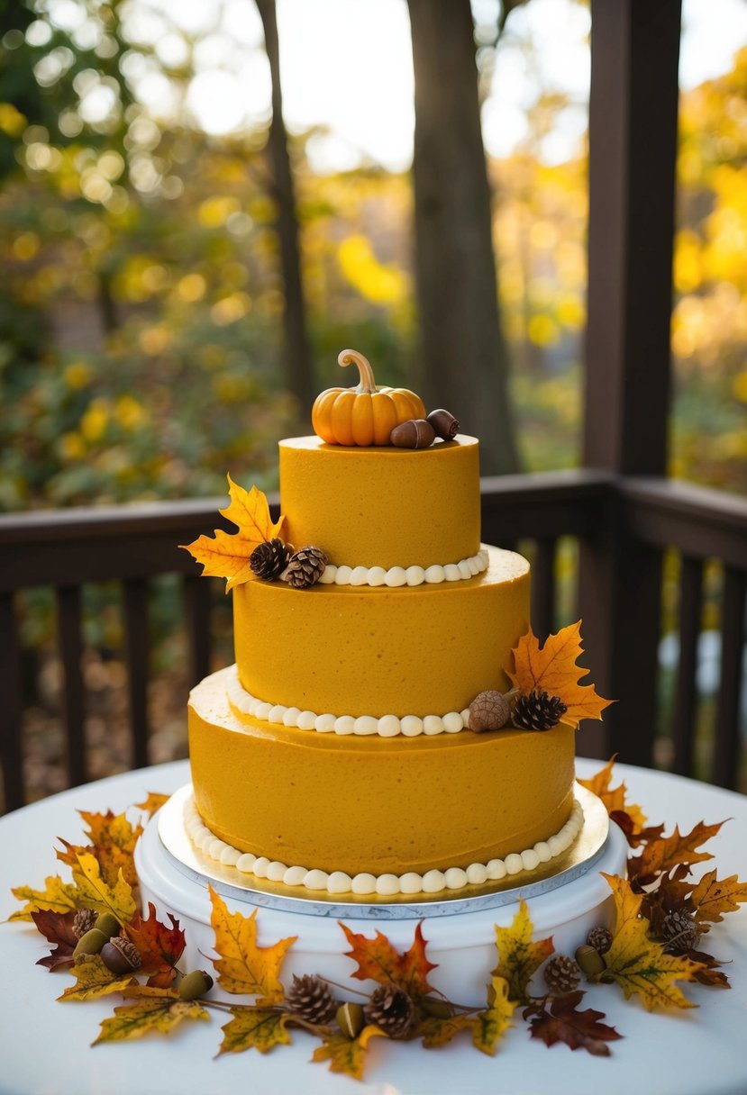 A three-tiered pumpkin spice wedding cake with cream cheese frosting, adorned with autumn leaves and acorns