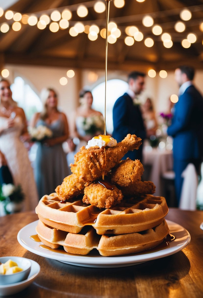 A platter of golden crispy waffles topped with fried chicken, drizzled with maple syrup, surrounded by a festive wedding atmosphere