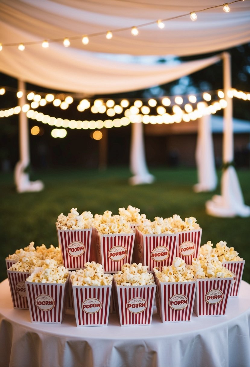 A table filled with popcorn boxes, adorned with wedding decor, under soft lighting for late-night snacking