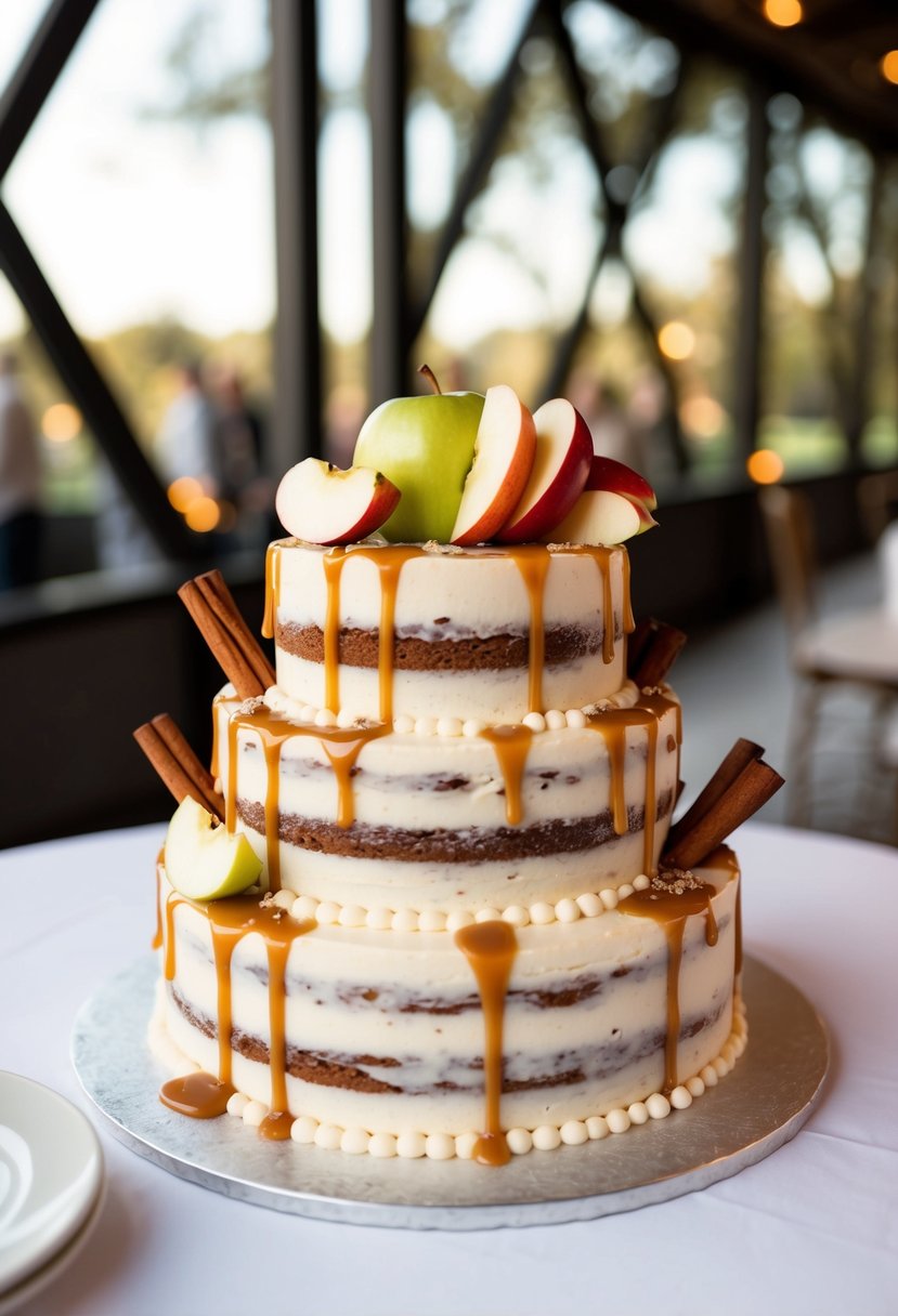 A three-tiered wedding cake adorned with apple slices, cinnamon sticks, and a decadent salted caramel drizzle