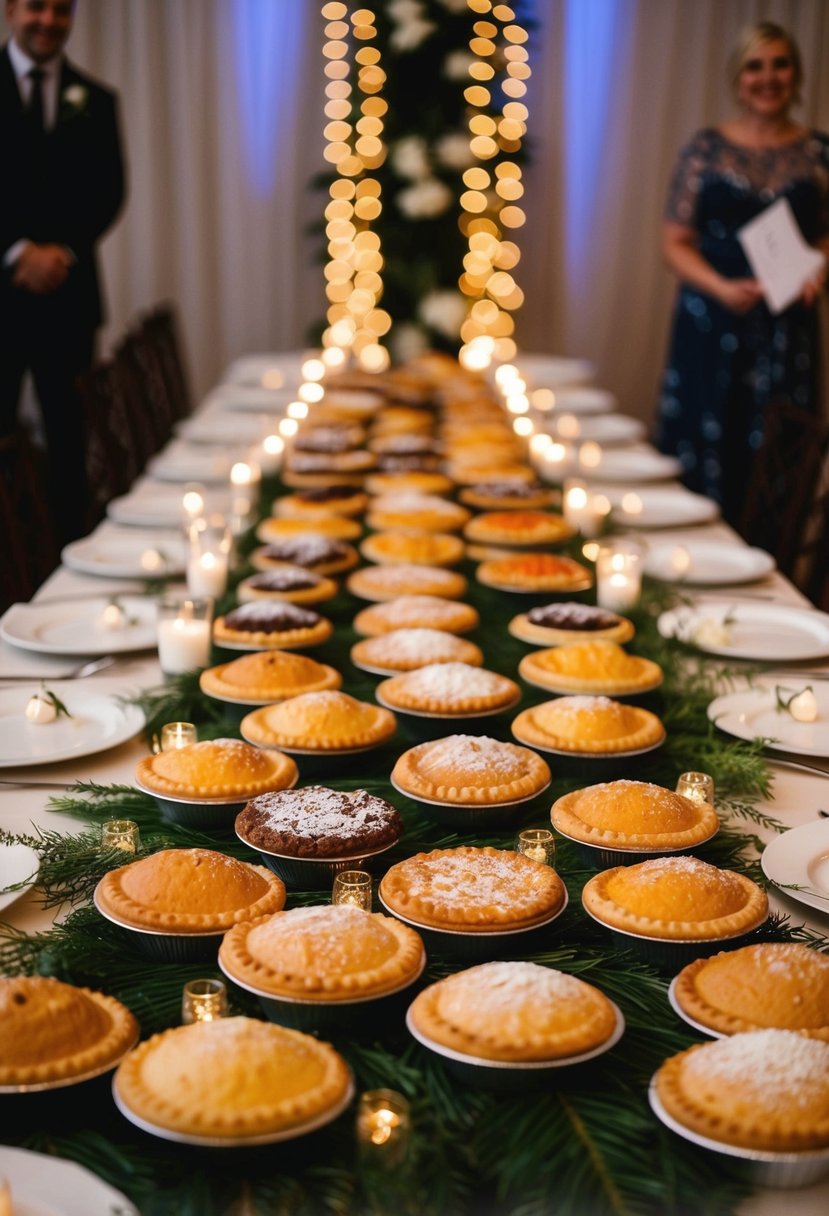 A table adorned with an assortment of hand pies in various flavors, surrounded by twinkling lights and wedding decor