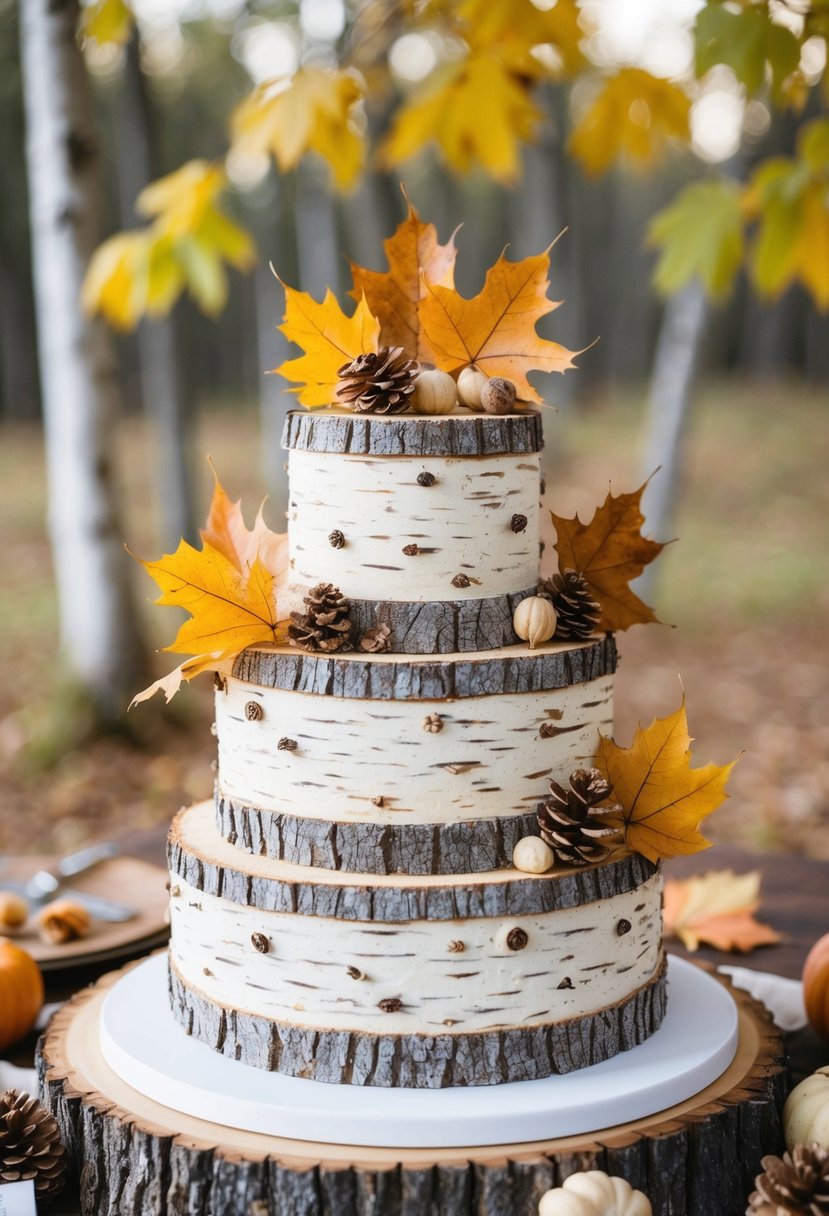 A three-tiered cake with birch tree bark texture, adorned with autumn leaves and rustic elements