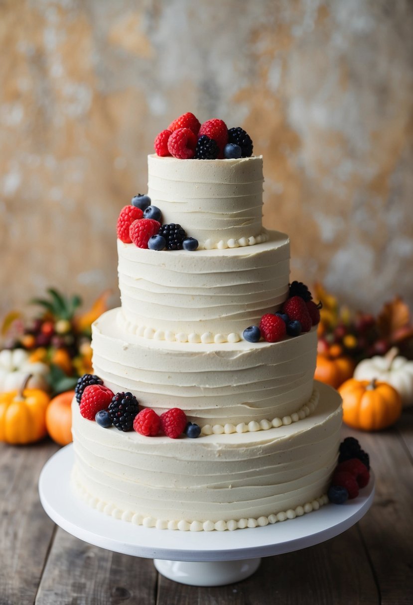 A three-tiered wedding cake adorned with textured buttercream and clusters of fresh berries, set against a rustic autumn backdrop