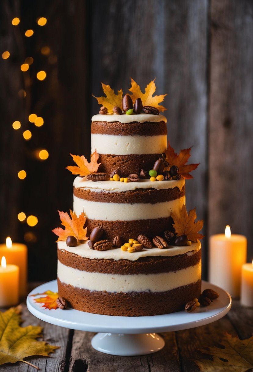 A three-tiered maple pecan cake adorned with autumn leaves and acorns, set against a backdrop of rustic wood and warm candlelight