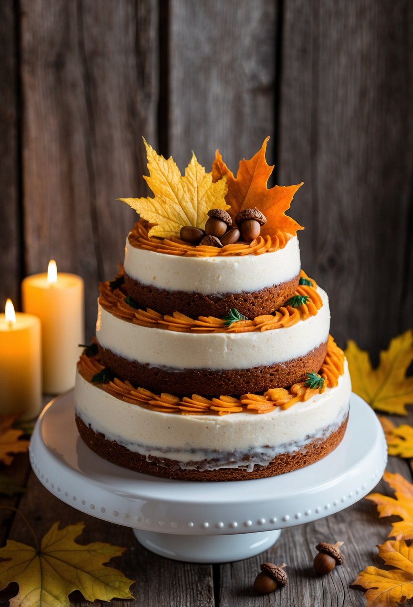 A three-tiered carrot cake with cinnamon swirl, adorned with autumn leaves and acorns, set against a backdrop of rustic wood and warm candlelight