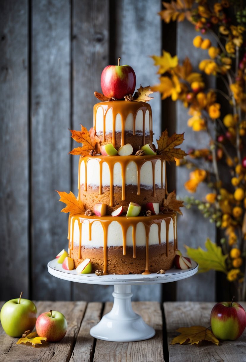 A three-tiered caramel apple drip cake adorned with fall leaves and apples, set against a backdrop of rustic wood and autumn foliage