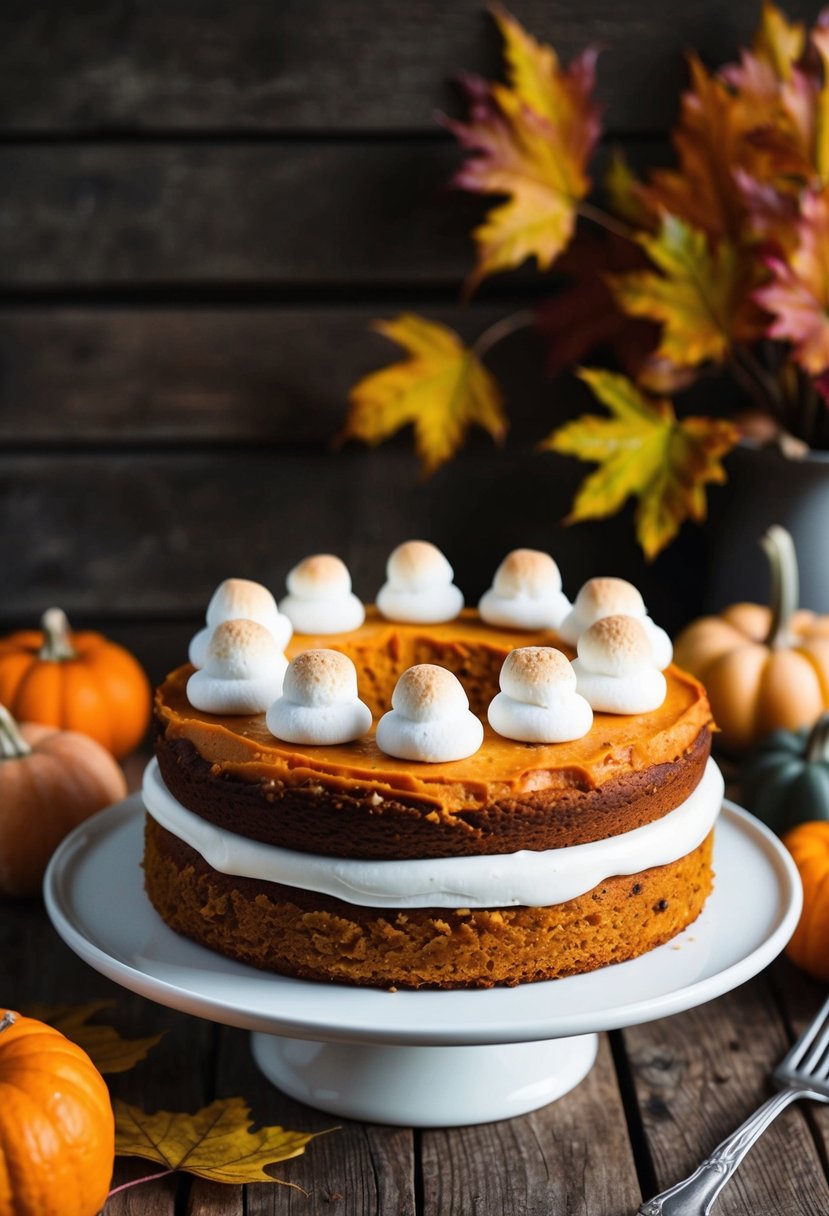 A rustic wooden table adorned with a sweet potato cake topped with marshmallow frosting, surrounded by autumn leaves and small pumpkins