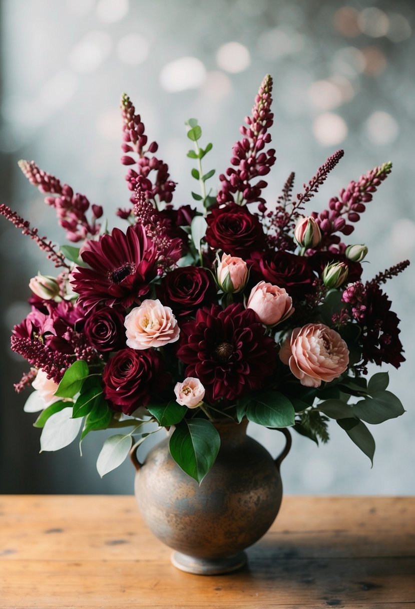 A lush bouquet of burgundy and blush flowers arranged in a rustic vase