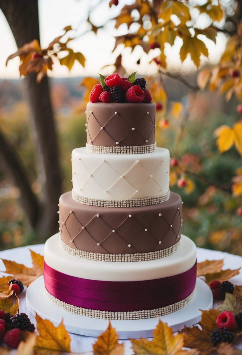 A three-tiered wedding cake adorned with mocha and raspberry accents, surrounded by autumn leaves and berries