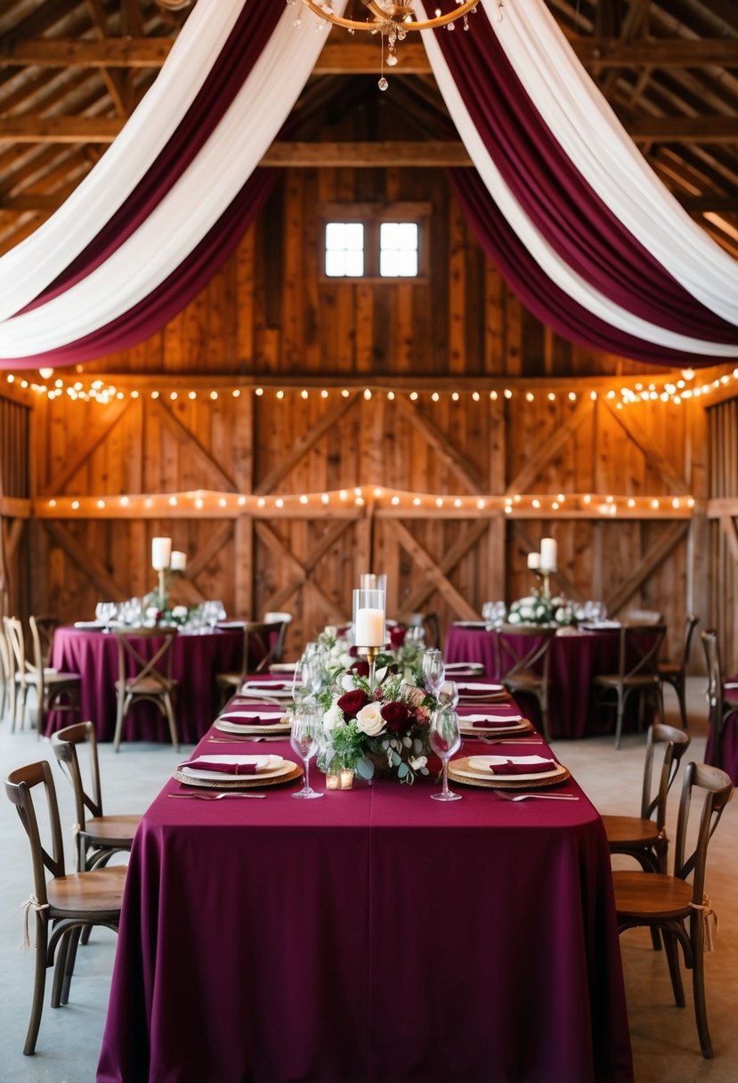 A rustic burgundy barn reception with elegant burgundy wedding decor and natural wooden elements