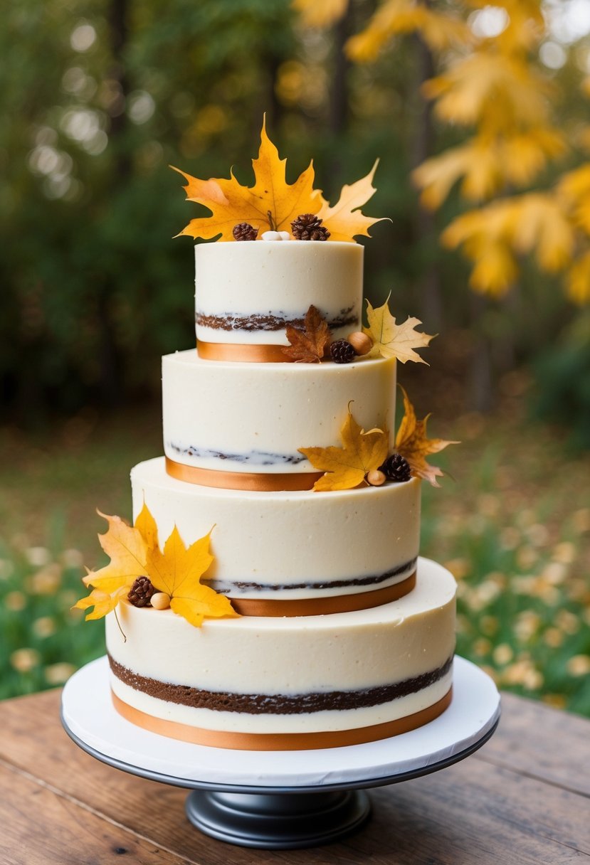 A three-tiered vanilla wedding cake adorned with autumn leaves and topped with brown butter frosting