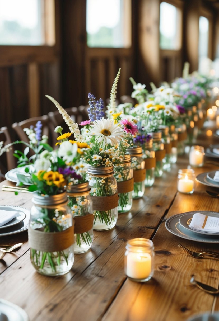 A rustic wooden table adorned with mason jar centerpieces filled with wildflowers and twinkling candles, creating a romantic ambiance for a wedding reception