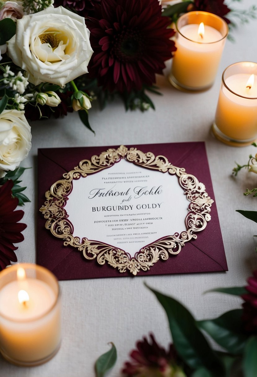 An ornate burgundy and gold invitation surrounded by elegant floral arrangements and candlelight