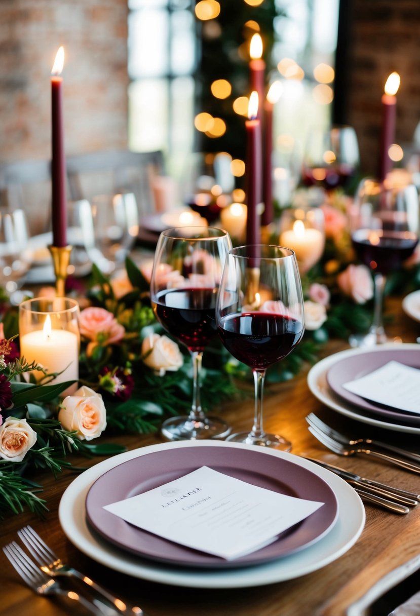 A table set with burgundy wine glasses, surrounded by floral decor and candlelight