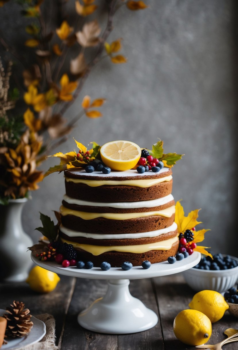 A tiered gingerbread cake with lemon curd filling, adorned with autumn foliage and berries, set against a rustic backdrop