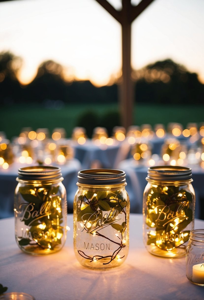 Mason jars filled with fairy lights, arranged as wedding centerpieces