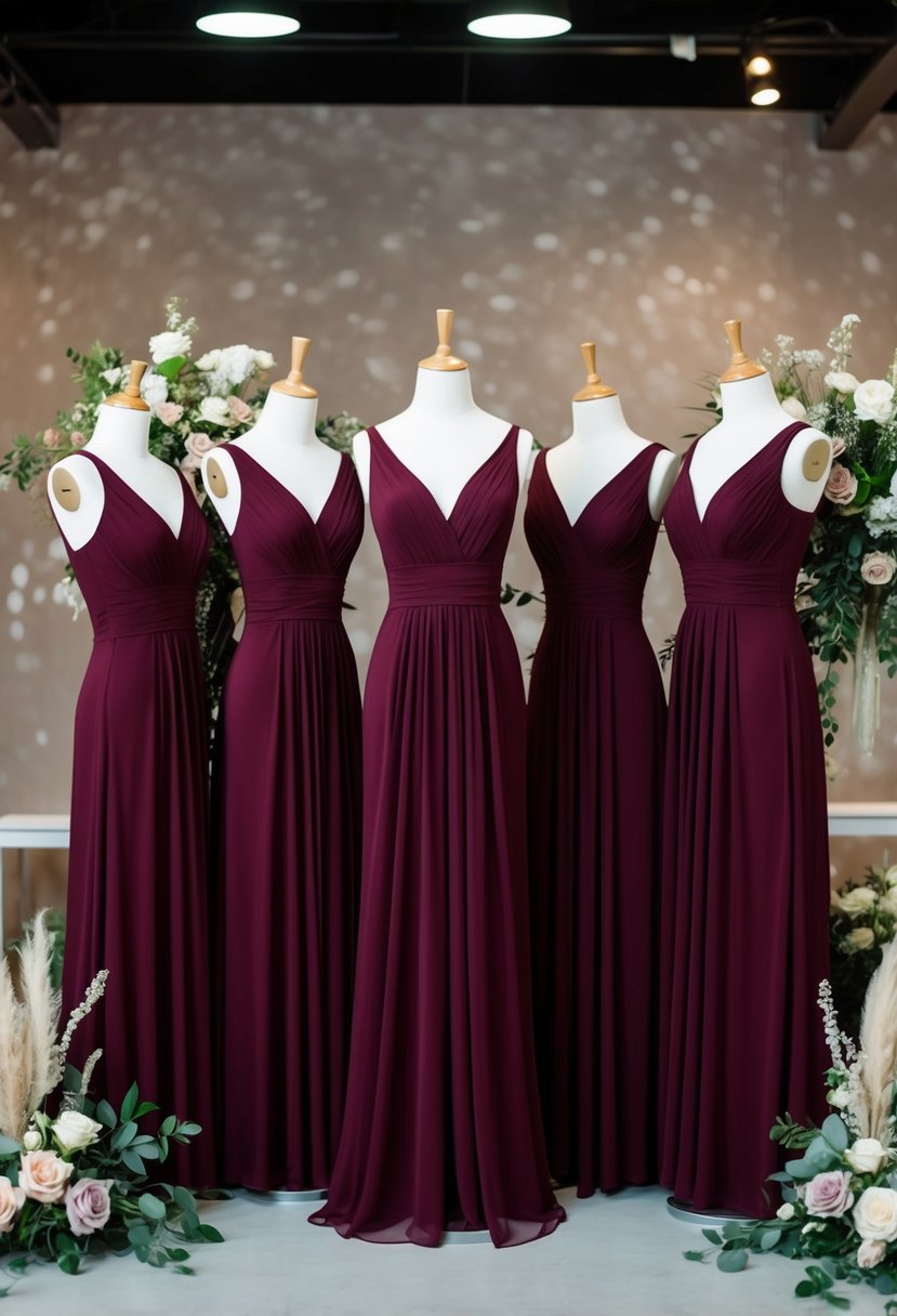 A group of mannequins wearing elegant burgundy bridesmaid dresses, surrounded by floral arrangements and wedding decor