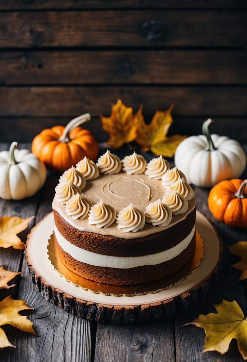 A rustic wooden table adorned with a Chai Spice Cake topped with Honey Frosting, surrounded by autumn leaves and small pumpkins