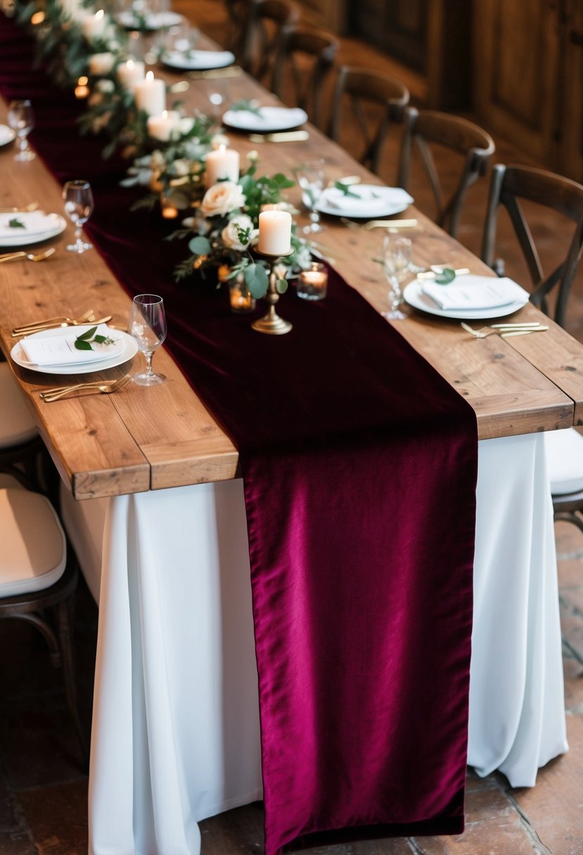 A long burgundy velvet table runner drapes elegantly over a rustic wooden table, creating a warm and luxurious atmosphere for a wedding celebration