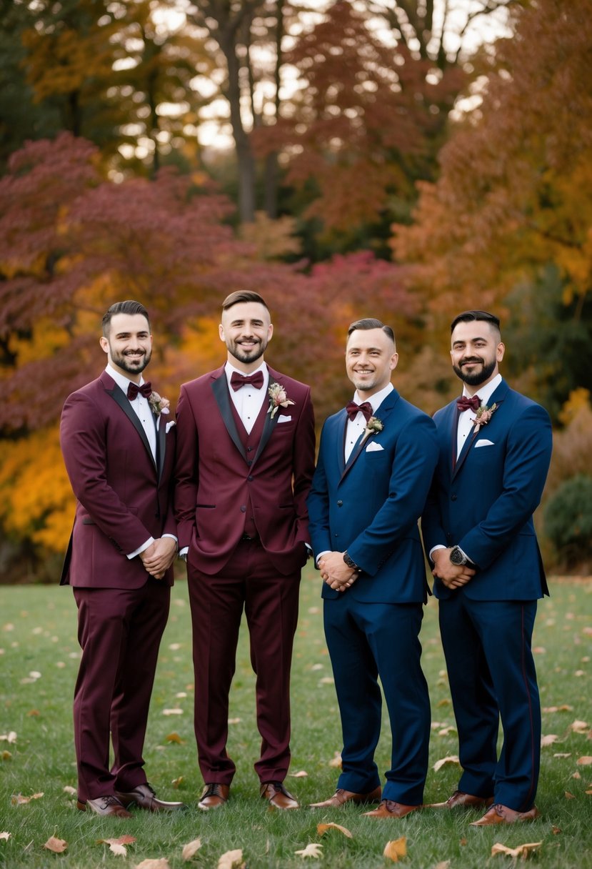 A groom in a burgundy suit stands next to a navy-clad groomsmen with burgundy accents, against a backdrop of rich, autumnal foliage