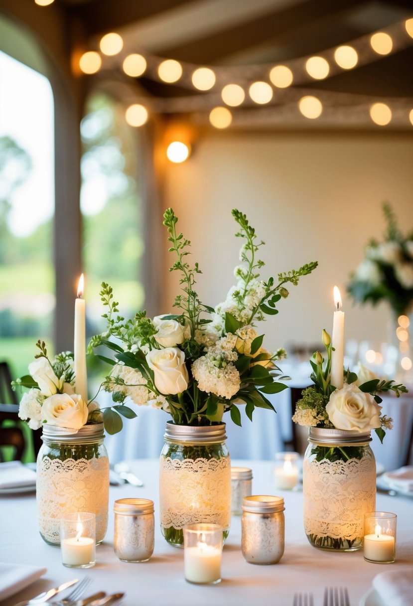 Lace-wrapped mason jars arranged as wedding centerpieces with fresh flowers and candles