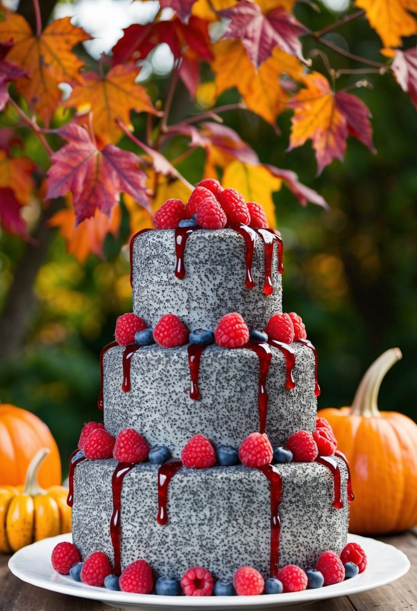 A three-tiered poppy seed cake adorned with fresh raspberries and drizzled with raspberry jam, set against a backdrop of autumn leaves and pumpkins