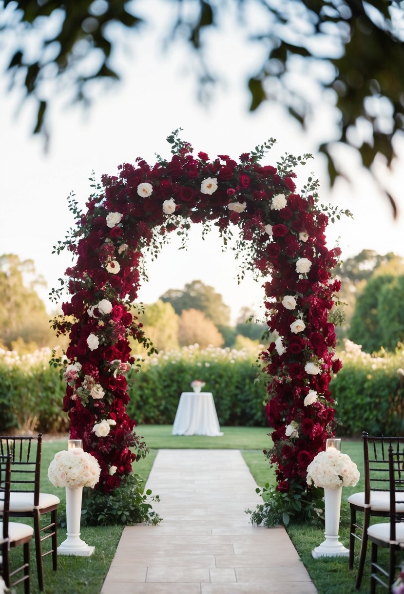 A lush burgundy floral archway frames a romantic wedding setting